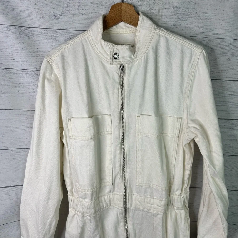 Mango size Large Long Sleeve Off White Utility Denim Jumpsuit Boilersuit - Picture 6 of 12